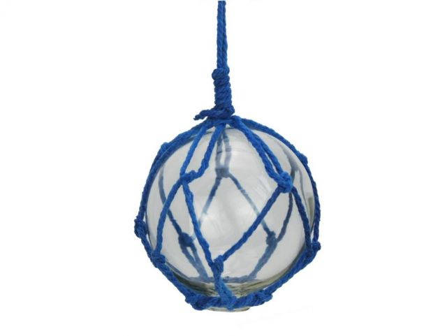 Clear Japanese Glass Ball Fishing Float with Dark Blue Netting Decoration 3