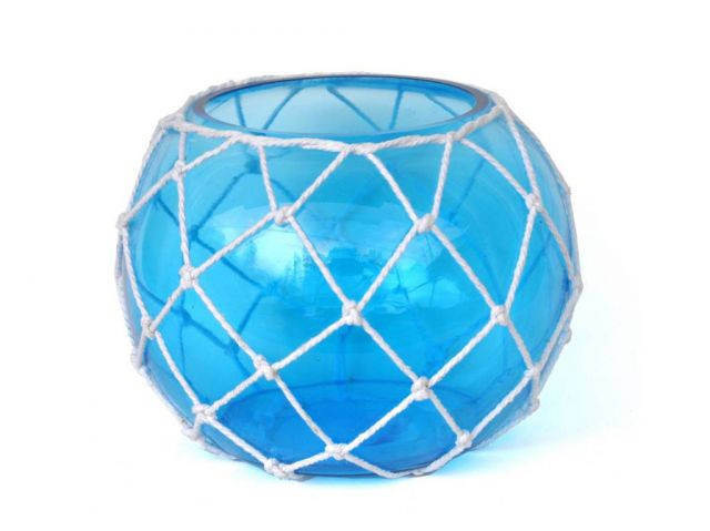 Light Blue Japanese Glass Fishing Float Bowl with Decorative White Fish Netting 10