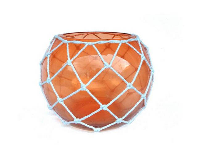 Orange Japanese Glass Fishing Float Bowl with Decorative White Fish Netting 10