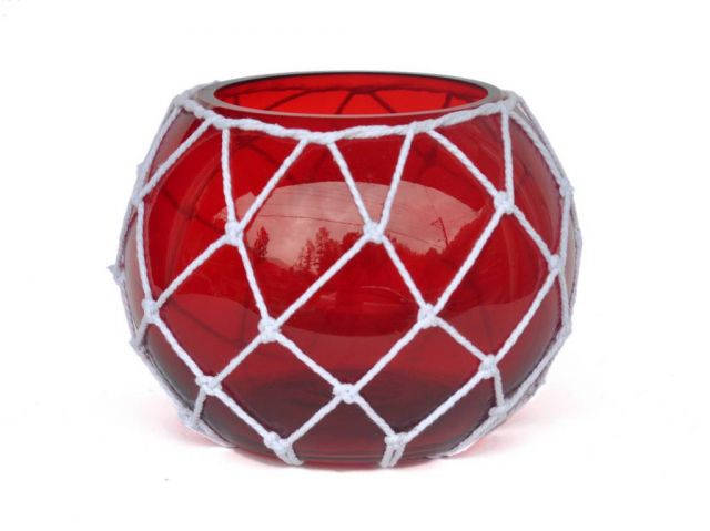 Red Japanese Glass Fishing Float Bowl with Decorative White Fish Netting 10