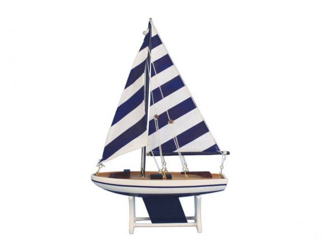Wooden Decorative Sailboat Model with Blue Stripes 12