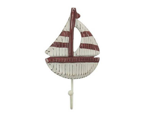 Wooden Rustic Decorative Red and White Sailboat with Hook 7