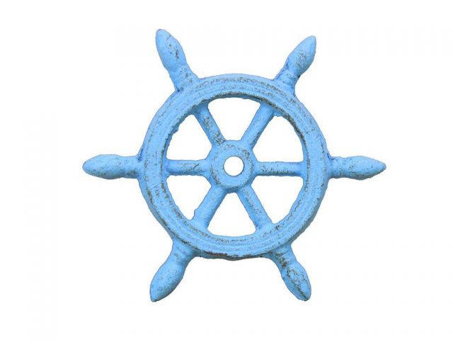 Rustic Light Blue Cast Iron Ship Wheel Decorative Paperweight 4