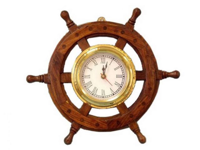 Deluxe Class Wood And Brass Ship Wheel Clock 12