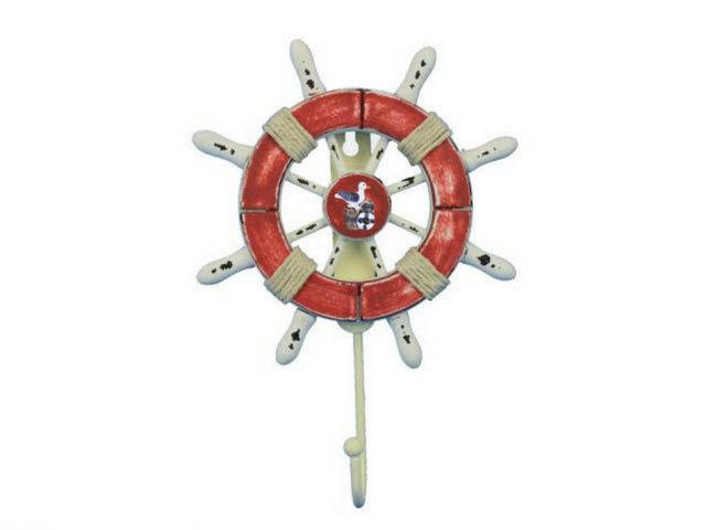 Rustic Red and White Decorative Ship Wheel with Seagull and Hook 8