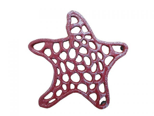 Rustic Red Whitewashed Cast Iron Starfish Trivet 7