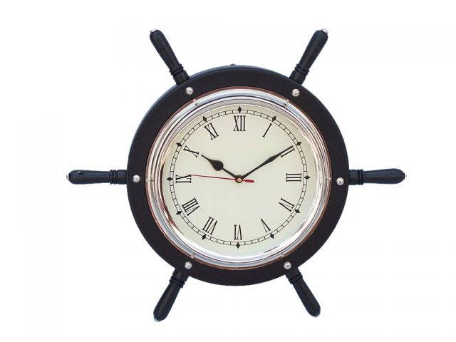 Black Wood And Chrome Ship Wheel Clock 15