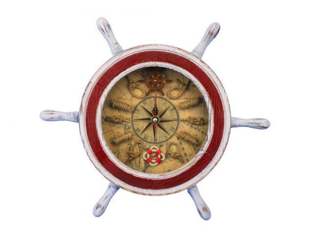 Wooden Rustic White and Red Ship Wheel Knot Faced Clock 12