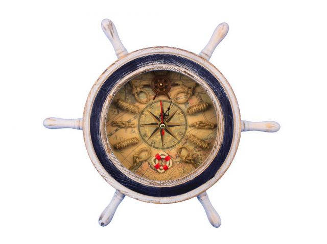 Wooden Rustic White Ship Wheel with Dark Blue Knot Faced Clock 12