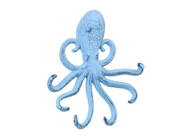 Rustic Dark Blue Whitewashed Cast Iron Wall Mounted Decorative Octopus Hooks 7