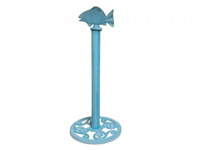 Rustic Light Blue Whitewashed Cast Iron Fish Extra Toilet Paper Stand 15