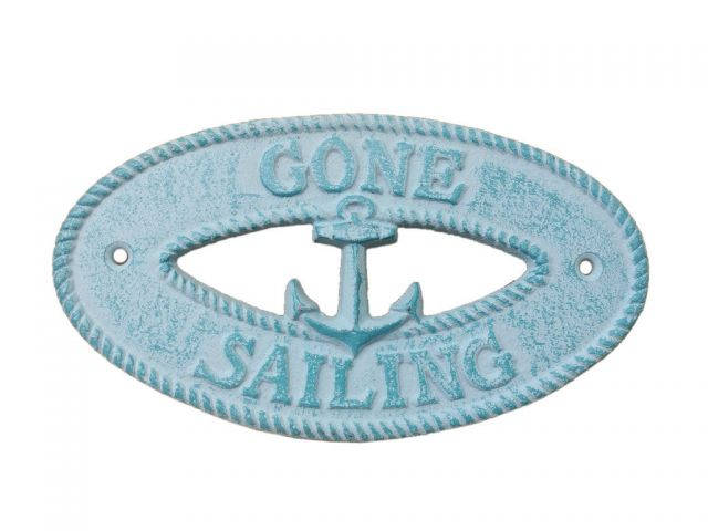 Rustic Light Blue Whitewashed Cast Iron Gone Sailing with Anchor Sign 8