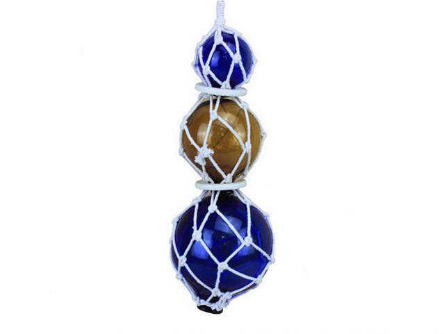 Blue - Amber - Blue Japanese Glass Ball Fishing Floats with White Netting Decoration 11