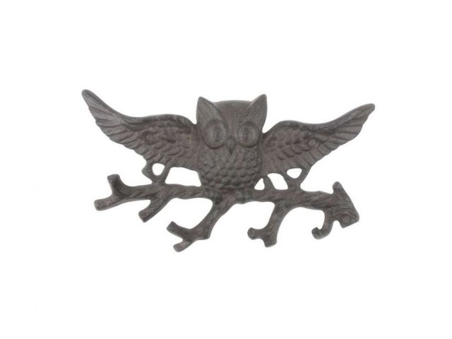 Cast Iron Flying Owl Landing on a Tree Branch Decorative Metal Wall Hooks 7.5