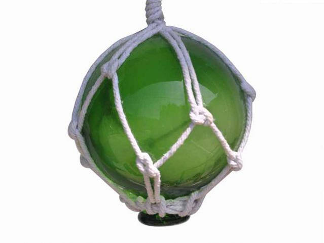 Green Japanese Glass Ball Fishing Float With White Netting Decoration 3