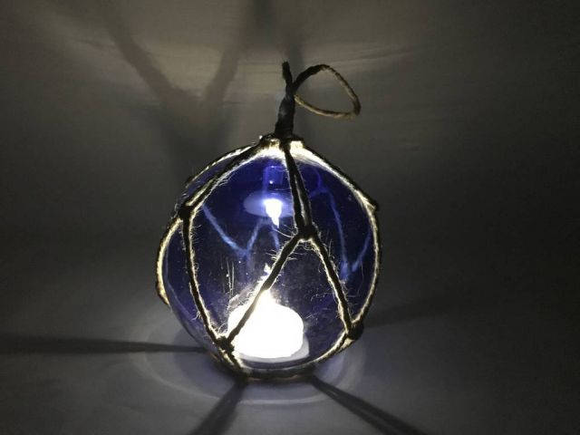 LED Lighted Dark Blue Japanese Glass Ball Fishing Float with Brown Netting Decoration 3