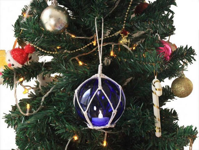 LED Lighted Dark Blue Japanese Glass Ball Fishing Float with White Netting Christmas Tree Ornament 3