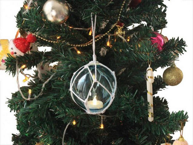 LED Lighted Light Blue Japanese Glass Ball Fishing Float with White Netting Christmas Tree Ornament 4