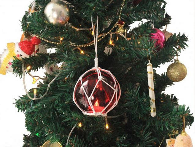 LED Lighted Red Japanese Glass Ball Fishing Float with White Netting Christmas Tree Ornament 4