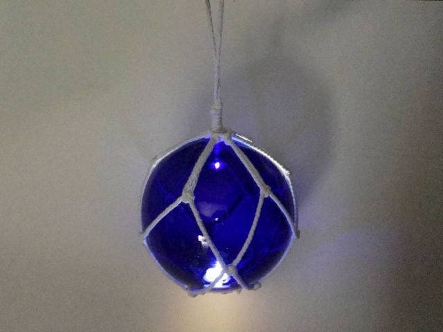 LED Lighted Dark Blue Japanese Glass Ball Fishing Float with White Netting Decoration 10