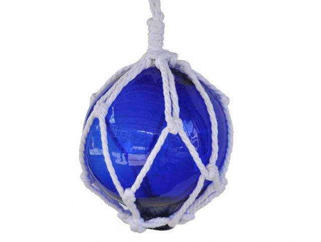 Blue Japanese Glass Ball Fishing Float With White Netting Decoration 6