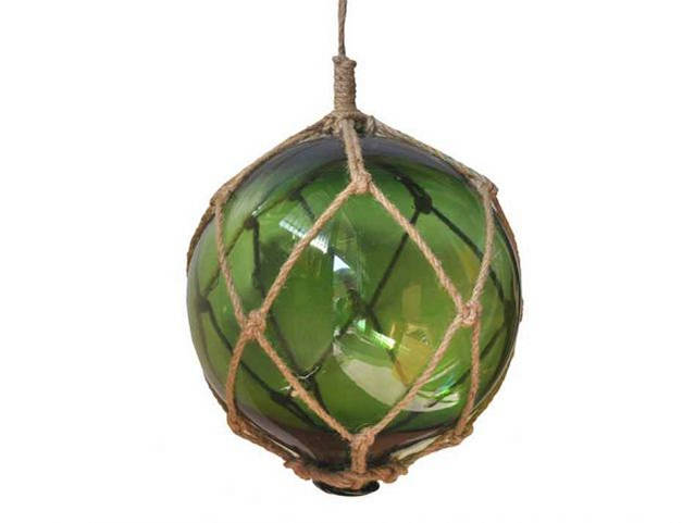 Green Japanese Glass Ball Fishing Float With Brown Netting Decoration 10