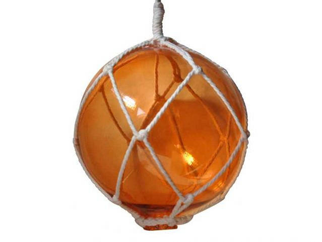 Orange Japanese Glass Ball Fishing Float With White Netting Decoration 10