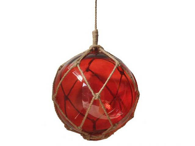 Red Japanese Glass Ball Fishing Float With Brown Netting Decoration 10