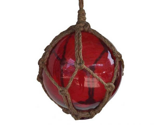 Red Japanese Glass Ball Fishing Float With Brown Netting Decoration 6