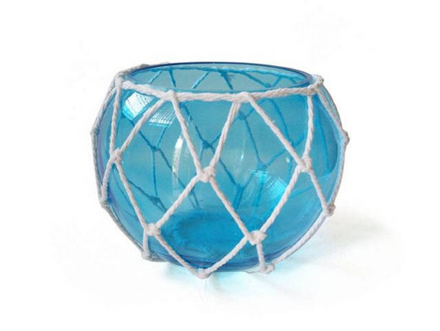 Light Blue Japanese Glass Fishing Float Bowl with Decorative White Fish Netting 8