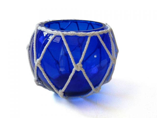 Dark Blue Japanese Glass Fishing Float Bowl with Decorative White Fish Netting 6