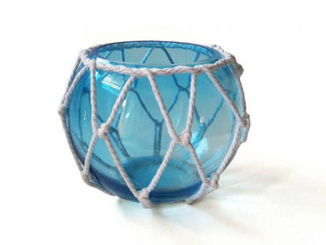 Light Blue Japanese Glass Fishing Float Bowl with Decorative White Fish Netting 6