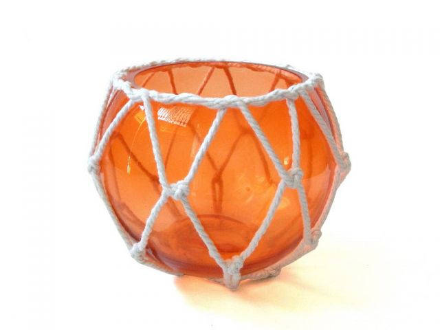 Orange Japanese Glass Fishing Float Bowl with Decorative White Fish Netting 6