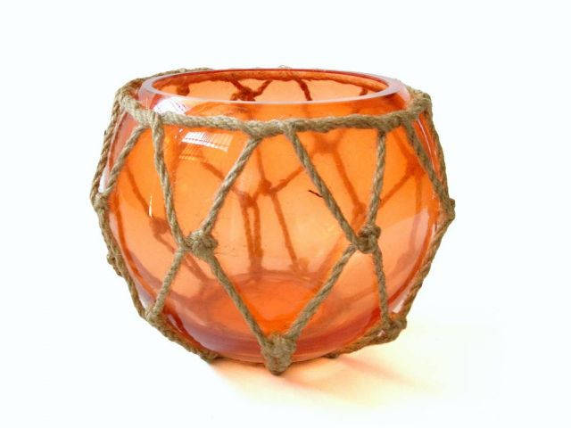 Orange Japanese Glass Fishing Float Bowl with Decorative Brown Fish Netting 6