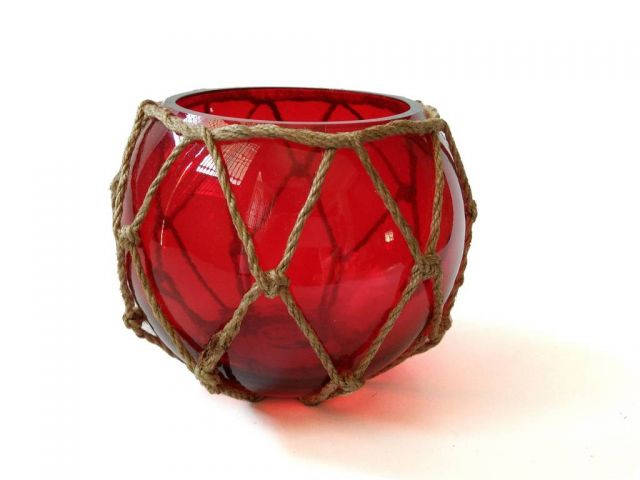 Red Japanese Glass Fishing Float Bowl with Decorative Brown Fish Netting 6