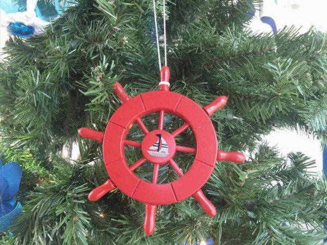 Red Decorative Ship Wheel with Sailboat Christmas Tree Ornament 6
