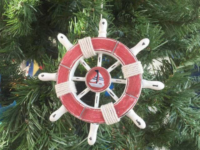 Rustic Red and White Decorative Ship Wheel With Sailboat Christmas Tree Ornament 6