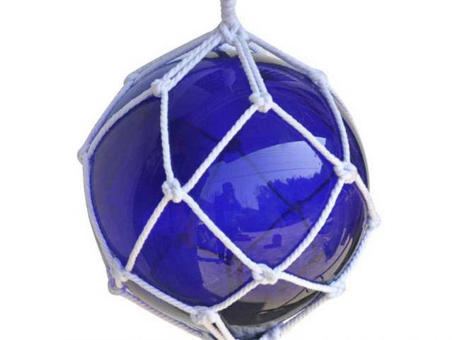Blue Japanese Glass Ball Fishing Float With White Netting Decoration 12