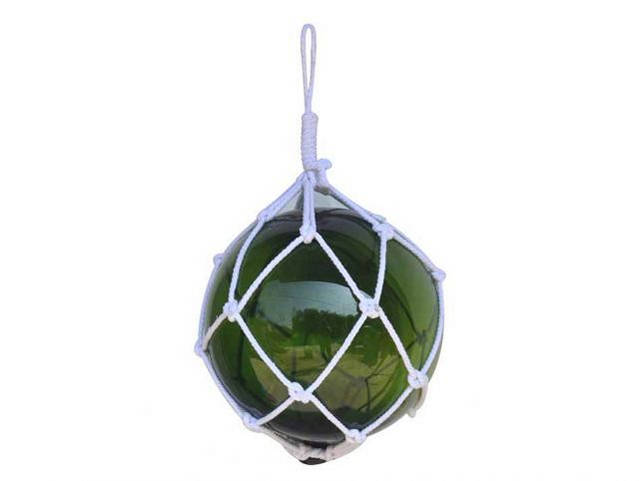 Green Japanese Glass Ball Fishing Float With White Netting Decoration 12