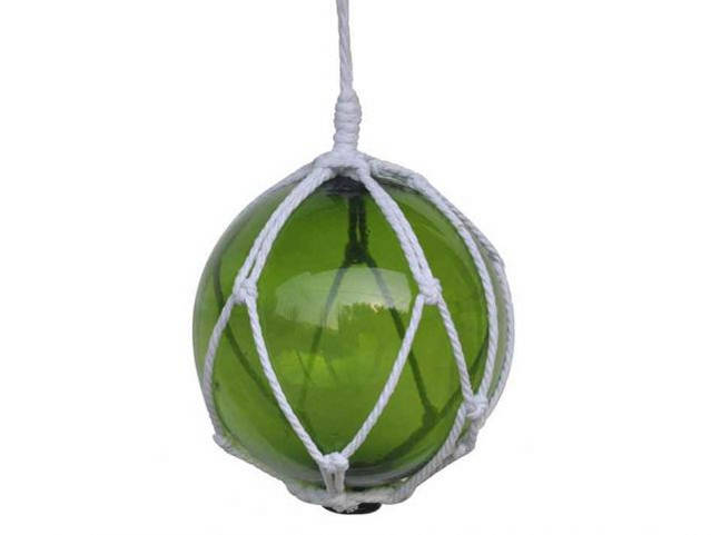 Green Japanese Glass Ball Fishing Float With White Netting Decoration 8
