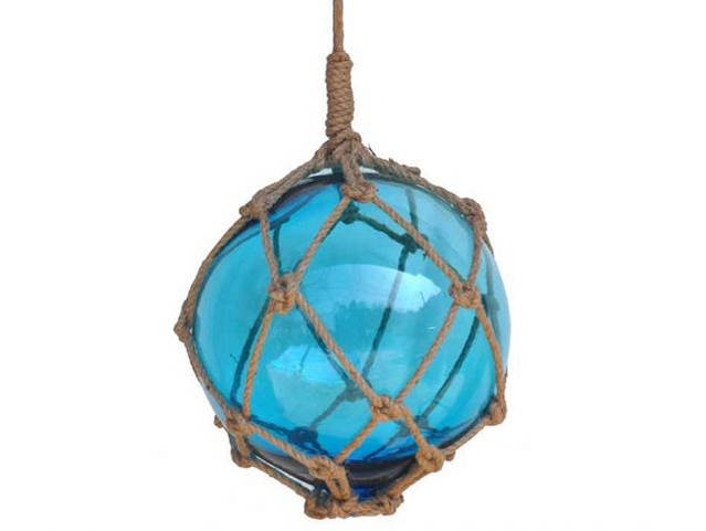 Light Blue Japanese Glass Ball Fishing Float With Brown Netting Decoration 12