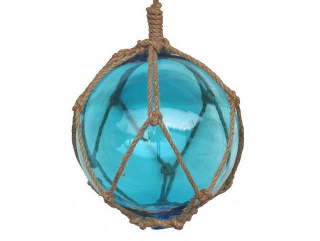 Light Blue Japanese Glass Ball Fishing Float With Brown Netting Decoration 8