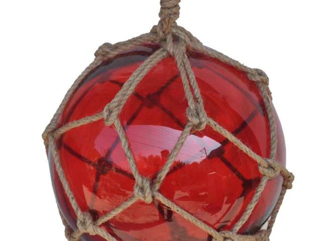 Red Japanese Glass Ball Fishing Float With Brown Netting Decoration 6" Beach D 