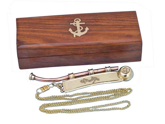 Solid Brass-Copper Bosun Whistle 6 w- Rosewood Box