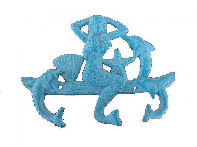 Rustic Light Blue Whitewashed Cast Iron Wall Mounted Mermaid with Dolphin Hooks 9