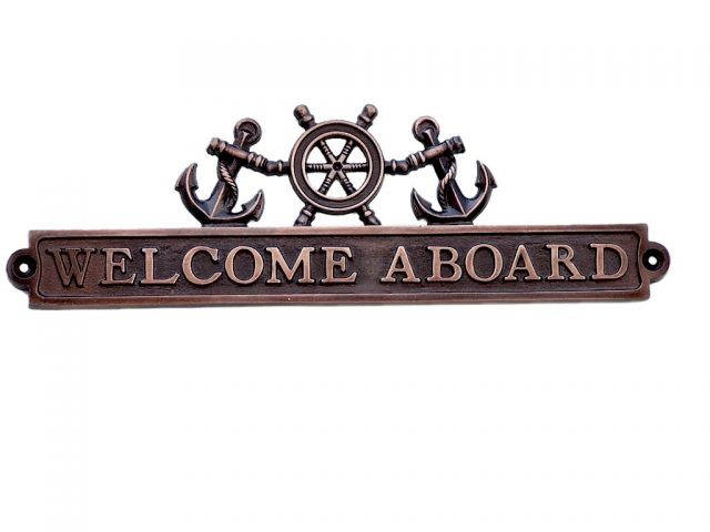 Antique Copper Welcome Aboard Sign with Ship Wheel and Anchors 12
