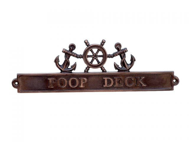 Antique Copper Poop Deck Sign with Ship Wheel and Anchors 12