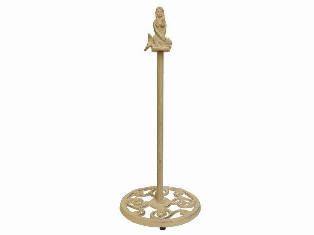 Aged White Cast Iron Mermaid Extra Toilet Paper Stand 16