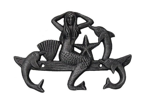 Rustic Silver Cast Iron Wall Mounted Mermaid with Dolphin Hooks 9