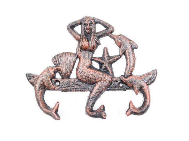 Rustic Copper Cast Iron Wall Mounted Mermaid with Dolphin Hooks 9